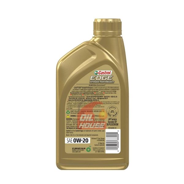 Castrol Edge Extended Performance 0W-20 Advanced Full Synthetic Motor Oil, 1ltr back Side